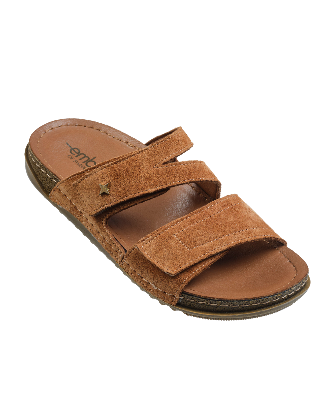 Embla slip-in sandal i brun mocka med justerbara kardborreremmar och anatomisk fotbädd